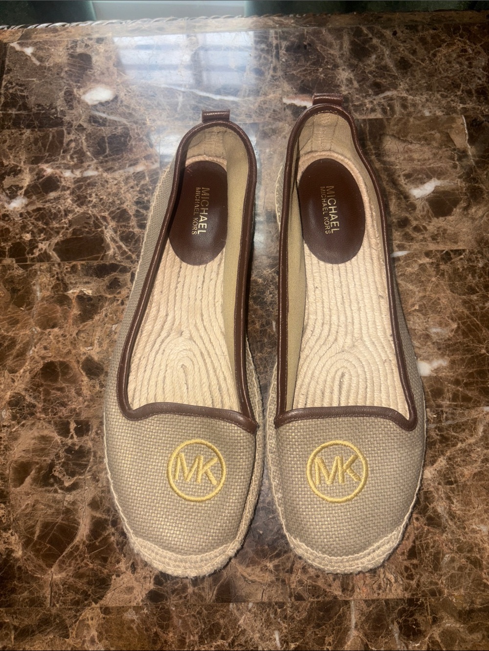 Michael Kors Tan Canvas Espadrille Flats with Brown Trim and Gold MK Logo